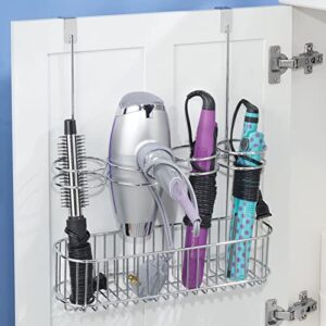 mDesign Metal Over Door Bathroom Hair Care & Styling Tool Organizer Storage Basket for Hair Dryer, Flat Irons, Curling Wands, Hair Straighteners - Hang Inside/Outside Cabinet Doors - Chrome