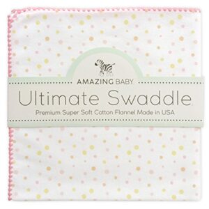 amazing baby large receiving blanket, ultimate swaddle for baby boys, girls, softest us cotton flannel, best shower gift, made in usa, playful dots multi pink, mom’s choice winner, 42x42"