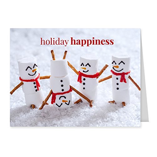 Marshmallow Snowmen Holiday Card Pack / 25 Seasonal Greeting Cards Including Envelopes/Whimsical Winter Happiness Food Design And Joyful Wishes Note