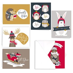 woodland animals holiday card pack / 36 cards and envelopes set / 6 cards of each winter design/cheerful verses inside/christmas greeting card set