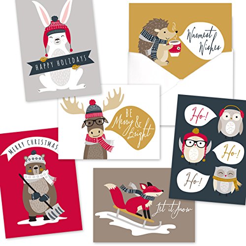 Woodland Animals Holiday Card Pack / 36 Cards And Envelopes Set / 6 Cards Of Each Winter Design/Cheerful Verses Inside/Christmas Greeting Card Set