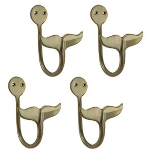 Zeckos Set of 4 Solid Brass Whale Tail Wall Hooks