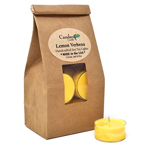 Candeo Candle Lemon Verbena Scented - Soy Tealight Candles, 12 Pack - Highly Scented - Handmade in The USA Summer Scents