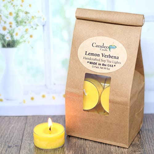 Candeo Candle Lemon Verbena Scented - Soy Tealight Candles, 12 Pack - Highly Scented - Handmade in The USA Summer Scents