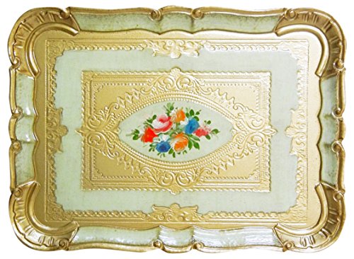 IMA TRADING 90-1PF3GG Antique Style Tray, Green & Gold, 14.2 x 10.2 x 0.8 inches (36 x 26 x 2 cm)