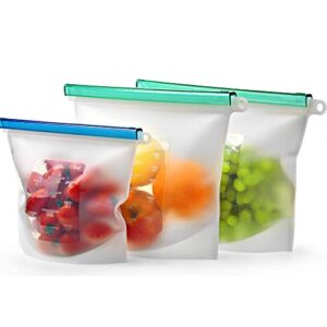 reusable silicone food storage bags 3 pack - 2 large food bags 50oz & 1 quart silicone bag - reusable freezer bags leakproof - reusable sandwich bags dishwasher safe - silicone sous vide bags airtight