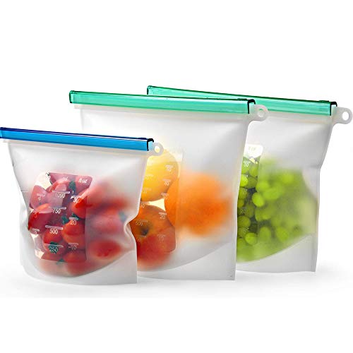 Reusable Silicone Food Storage Bags 3 Pack - 2 Large Food Bags 50OZ & 1 Quart Silicone Bag - Reusable Freezer Bags Leakproof - Reusable Sandwich Bags Dishwasher Safe - Silicone Sous Vide Bags Airtight