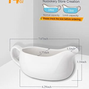 Nucookery Large 14 Oz Gravy Boat With Ergonomic Handle | White Fine Porcelain Saucier With Big Dripless Lip Spout | For Gravy, Warming Sauces, Salad Dressings, Milk, More | Microwave & Freezer Safe