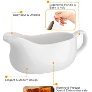 Nucookery Large 14 Oz Gravy Boat With Ergonomic Handle | White Fine Porcelain Saucier With Big Dripless Lip Spout | For Gravy, Warming Sauces, Salad Dressings, Milk, More | Microwave & Freezer Safe