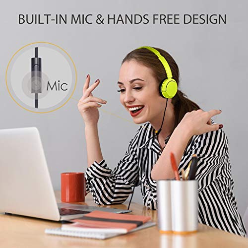 Avantree Superb Sound Wired On Ear Headphones with Microphone, 1.5M / 4.9FT Long Cord with Mic for Adults, Students, Kids, Comfortable Headset for PC Computer, Laptop, Tablet, Phone - 026 Yellow Green