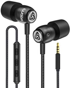 ludos clamor wired earbuds in ear, noise isolating headphones with microphone, 3.5mm jack plug, mic and volume control, memory foam, deep bass, tangle-free cord - black