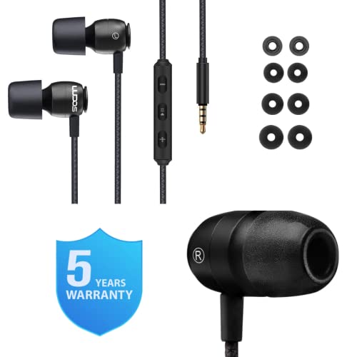 LUDOS Clamor Wired Earbuds in Ear, Noise Isolating Headphones with Microphone, 3.5mm Jack Plug, Mic and Volume Control, Memory Foam, Deep Bass, Tangle-Free Cord - Black