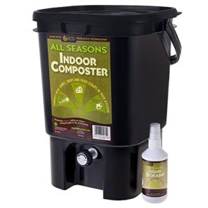 all seasons indoor composter kit, 5-gallon black bucket and 8 oz liquid bokashi compost starter, kickstart composting & reduce odors, 75% recycled plastic, by scd probiotics