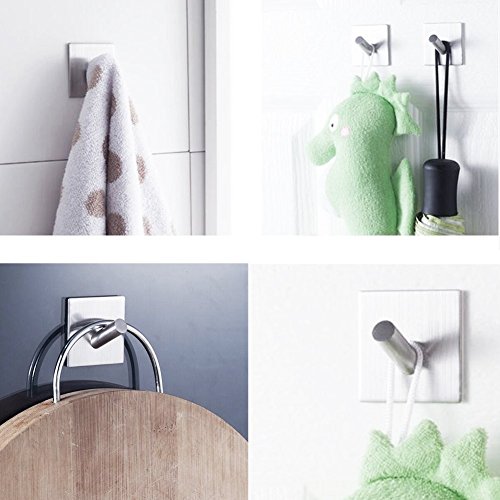 Bathroom Hook Key Rack Stainless Steel Towel Hook 3M Self Adhesive Wall Hook for Kitchen, Bathroom, Bedroom, 4 Packs (Slanted)