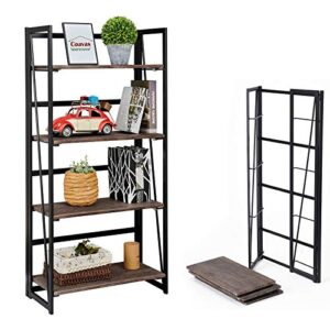 coavas folding bookshelf home office industrial bookcase no assembly storage shelves vintage 4 tiers flower stand rustic metal book rack organizer, 23.6 x 11.8 x 49.4 inches