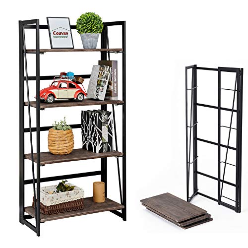 Coavas Folding Bookshelf Home Office Industrial Bookcase No Assembly Storage Shelves Vintage 4 Tiers Flower Stand Rustic Metal Book Rack Organizer, 23.6 X 11.8 X 49.4 Inches