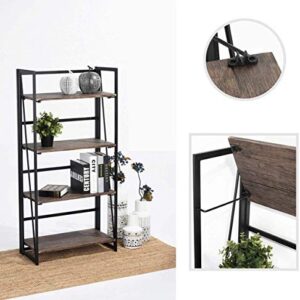 Coavas Folding Bookshelf Home Office Industrial Bookcase No Assembly Storage Shelves Vintage 4 Tiers Flower Stand Rustic Metal Book Rack Organizer, 23.6 X 11.8 X 49.4 Inches