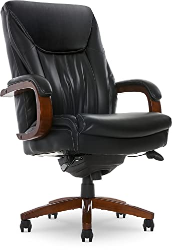 La-Z-Boy Edmonton Big and Tall Executive Office Chair with Comfort Core Cushions, Solid Wood Arms and Base, Waterfall Seat Edge, Bonded Leather, Big & Tall, Black