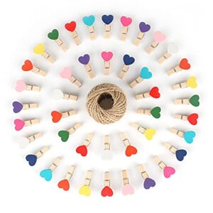 jijacraft 100pcs mini wooden heart clothespins, multicolor small clothespins with heart, 3.5cm heart photo clips, tiny clothes pins with string for photos display,diy craft,wedding&baby shower decor
