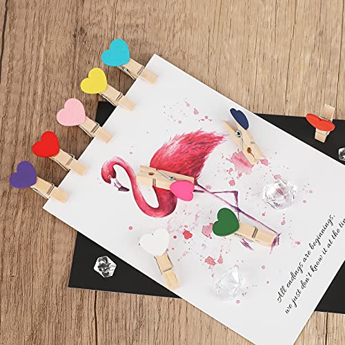 jijAcraft 100Pcs Mini Wooden Heart Clothespins, Multicolor Small Clothespins with Heart, 3.5cm Heart Photo Clips, Tiny Clothes Pins with String for Photos Display,DIY Craft,Wedding&Baby Shower Decor