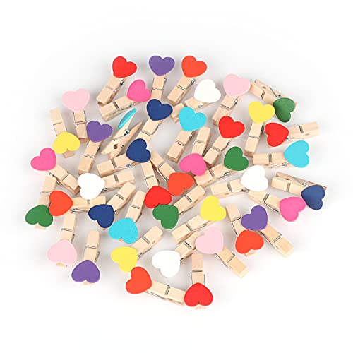 jijAcraft 100Pcs Mini Wooden Heart Clothespins, Multicolor Small Clothespins with Heart, 3.5cm Heart Photo Clips, Tiny Clothes Pins with String for Photos Display,DIY Craft,Wedding&Baby Shower Decor