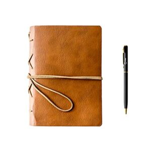 TROEX PU Leather Journal Writing Notebook with Ballpoint Pen, String Closure & Unlined Pages- Light Brown Leather Bound Journal for Men & Women- Vintage Style Handmade Leather Notebook Journal