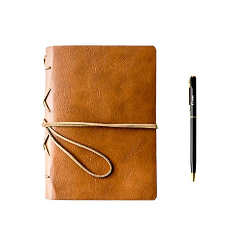 TROEX PU Leather Journal Writing Notebook with Ballpoint Pen, String Closure & Unlined Pages- Light Brown Leather Bound Journal for Men & Women- Vintage Style Handmade Leather Notebook Journal