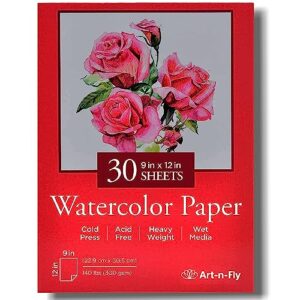 art-n-fly watercolor paper pad 9x12" 30 sheets - cold press water color sketchbook pad 140 lb for art painting, drawing, wet & mixed media - water coloring paint paper for artist & kids