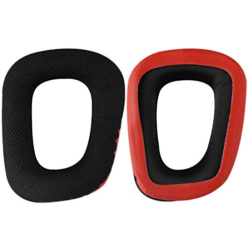 Geekria QuickFit Mesh Fabric Replacement Ear Pads for Logitech G430, G930 Headphone Ear Pad and Headband Pad/Ear Cushion + Headband Cushion/Repair Parts Suit (Red-Black)