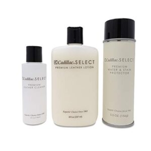 cadillac select premium leather care kit - leather cleaner, lotion conditioner & water & stain protector