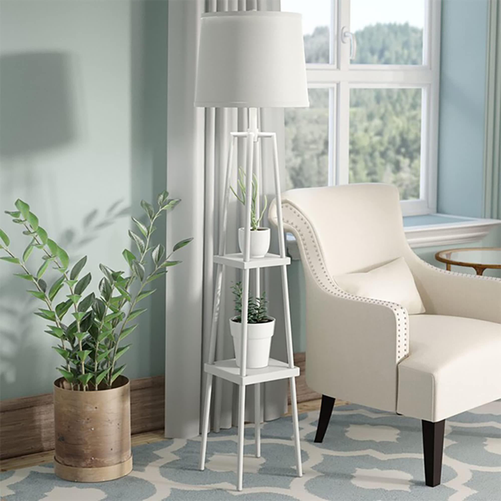 Catalina Lighting Modern Metal Etagere Floor Lamp with Shelves and Linen Shade, 58", Classic White