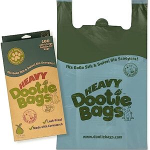 HEAVY Dootie Bags® VERY LARGE Dog and Cat Waste Poop Bags. 100 Count Strong Multi-Use, Leakproof with EZ Tie Handles and Gussets. Made with Corn Starch. Fits GoGo Stik and Swivel Bin Pooper Scoopers.