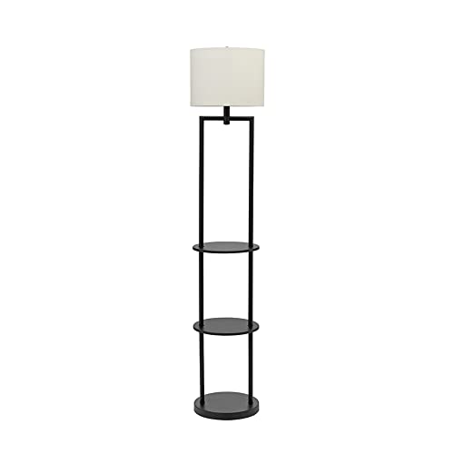 Catalina 19651-001 Mid-Century Modern Round Etagere Floor Lamp with Shelves and Linen Shade, 60", Black Classic