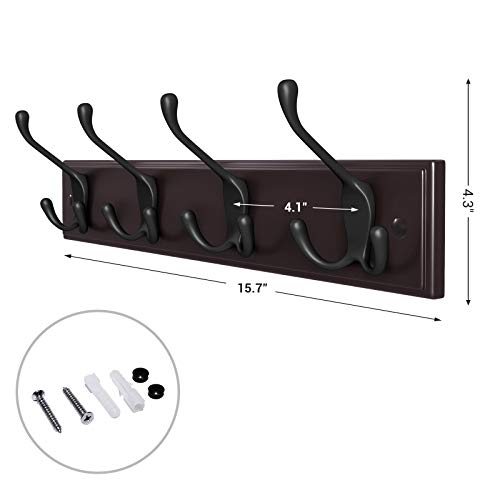 SONGMICS Wall Mounted Coat Rack, Hook Rack with 4 Tri-Hooks, for Clothes, Keys, Hats, Purses, in The Entryway, Bathroom, Closet Room, Dark Brown ULHR30Z