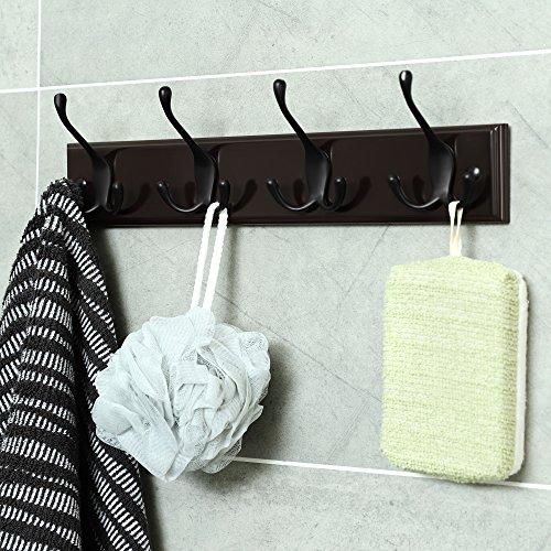 SONGMICS Wall Mounted Coat Rack, Hook Rack with 4 Tri-Hooks, for Clothes, Keys, Hats, Purses, in The Entryway, Bathroom, Closet Room, Dark Brown ULHR30Z