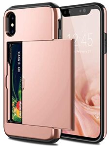 samonpow iphone x case, iphone 10 case,hybrid iphone x wallet case card holder shell heavy duty protection shockproof anti scratch soft rubber bumper cover case for iphone x 5.8 inch rose gold