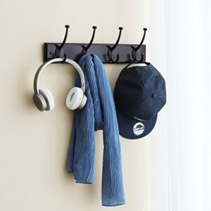 SONGMICS Wooden Wall Mounted Coat Rack 16 Inch Rail with 4 Metal Hooks for Entryway Bathroom Closet Room Dark Brown