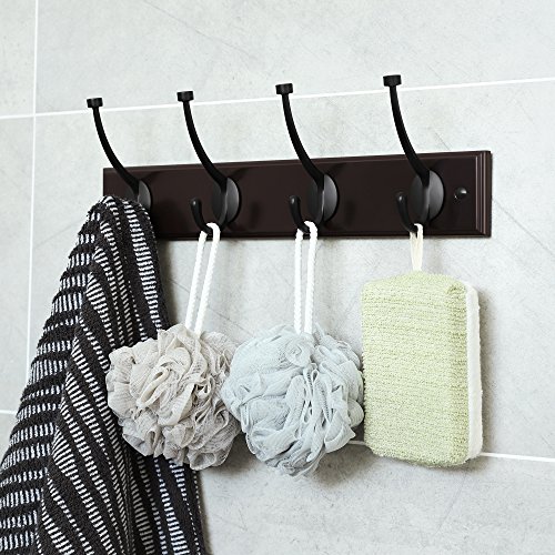 SONGMICS Wooden Wall Mounted Coat Rack 16 Inch Rail with 4 Metal Hooks for Entryway Bathroom Closet Room Dark Brown