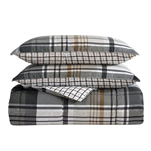 Eddie Bauer - Queen Comforter Set, Plaid Reversible Bedding, Stylish & Warm Home Decor (Normandy Grey, Queen),Grey/White/Beige