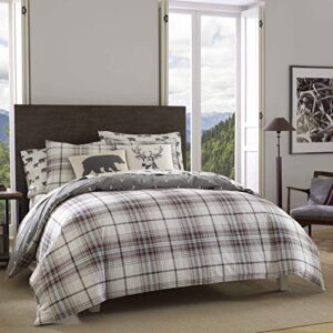 eddie bauer - queen comforter set, reversible cotton bedding with matching shams, plaid home decor for all seasons (alder grey/red, queen)