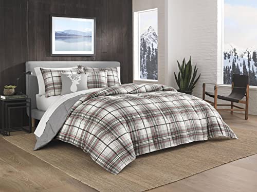 Eddie Bauer - Queen Comforter Set, Reversible Cotton Bedding with Matching Shams, Plaid Home Decor for All Seasons (Alder Grey/Red, Queen)