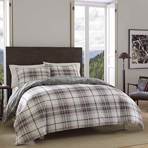 Eddie Bauer - Queen Comforter Set, Reversible Cotton Bedding with Matching Shams, Plaid Home Decor for All Seasons (Alder Grey/Red, Queen)