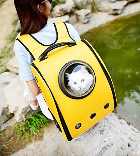 WowowMeow Pet Leather Carrier Bag Traveler Bubble Backpack for Cat Puppy (Yellow)