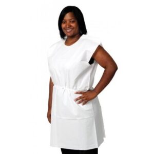 pro advantage p750023 exam gown, tissue/poly/tissue, 30" x 42", white, traditional front/back opening (pack of 50)