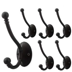 6 pcs 3-3/4 inch double prong retro coat and hat hook heavy duty metal wall hangers with ball ends (screws included), flat black