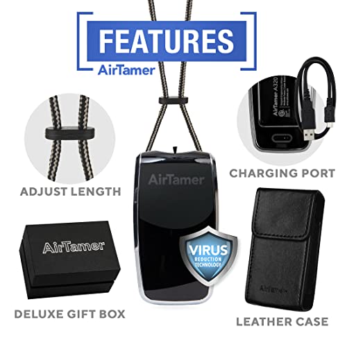 AirTamer A320 Rechargeable Personal Air Purifier, Proven Performance, Virus and Pollutant Tested*, Black with Leather Travel Case