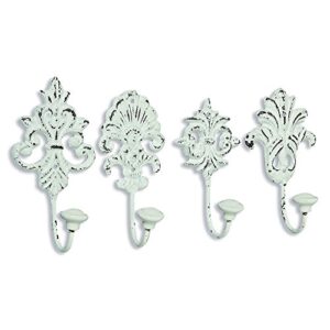 whw whole house worlds chateaux fleur de lis wall hooks, set of 4, shabby distressed finish, french country style,rustic white, cast iron, vintage inspired, porcelain caps, each 6 3/4