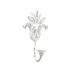 WHW Whole House Worlds Chateaux Fleur De Lis Wall Hooks, Set of 4, Shabby Distressed Finish, French Country Style,Rustic White, Cast Iron, Vintage Inspired, Porcelain Caps, Each 6 3/4