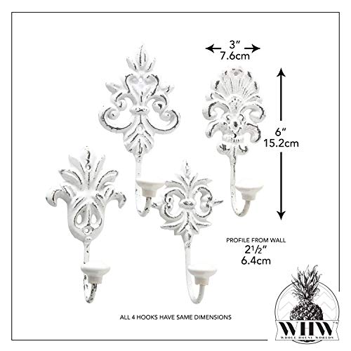 WHW Whole House Worlds Chateaux Fleur De Lis Wall Hooks, Set of 4, Shabby Distressed Finish, French Country Style,Rustic White, Cast Iron, Vintage Inspired, Porcelain Caps, Each 6 3/4