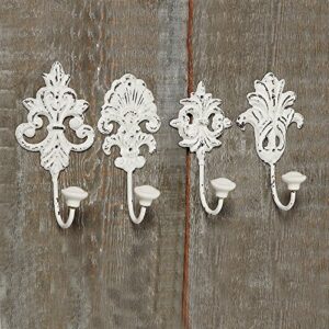 WHW Whole House Worlds Chateaux Fleur De Lis Wall Hooks, Set of 4, Shabby Distressed Finish, French Country Style,Rustic White, Cast Iron, Vintage Inspired, Porcelain Caps, Each 6 3/4